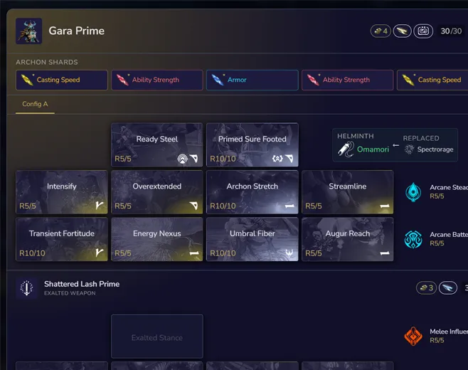 MOD・Riven・アルコン シャードを表示している Warframe の構成画面